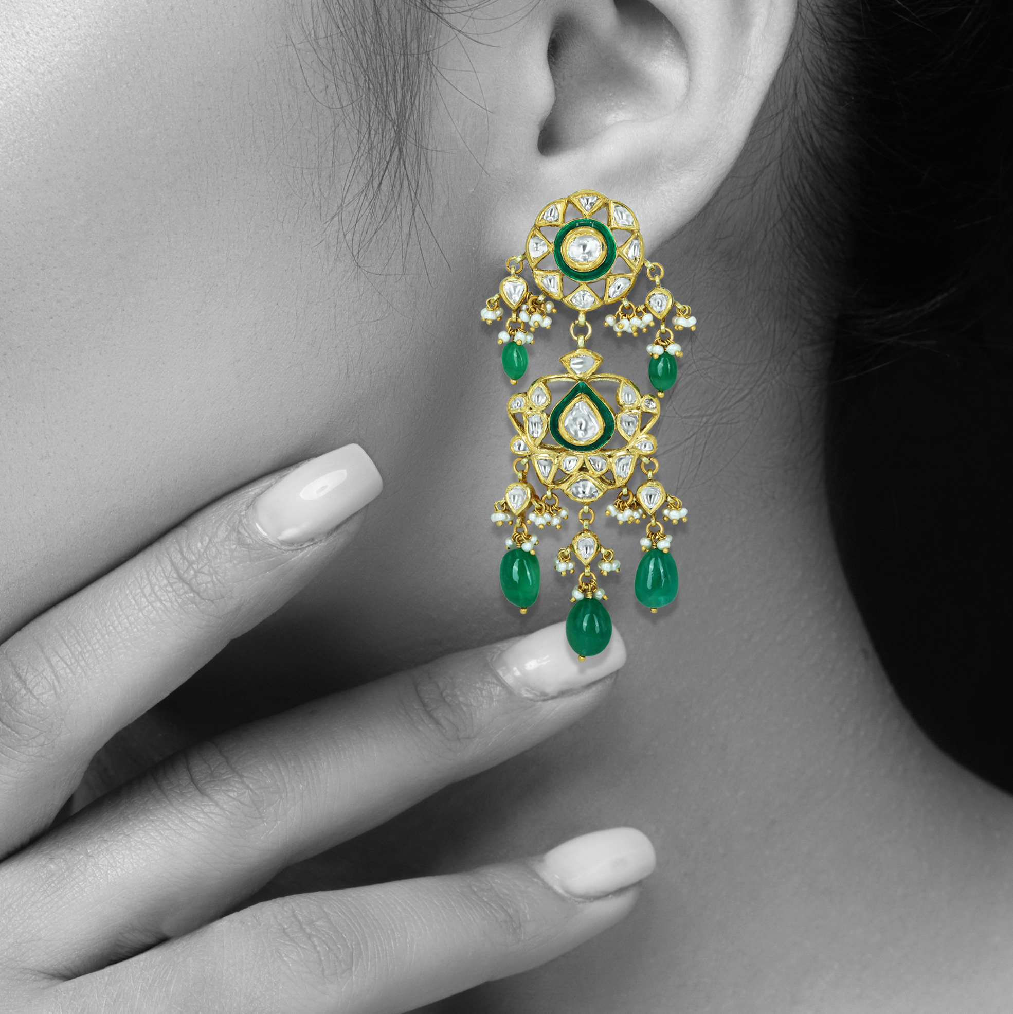 Pear Shaped Polki Earrings with Emerald Drops and Cascading Design
